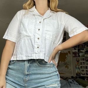 White Boxy Cropped Button Down Blouse